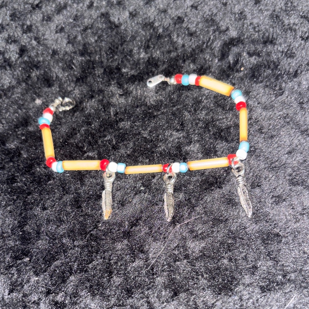 Beaded Anklet with Feather Charms